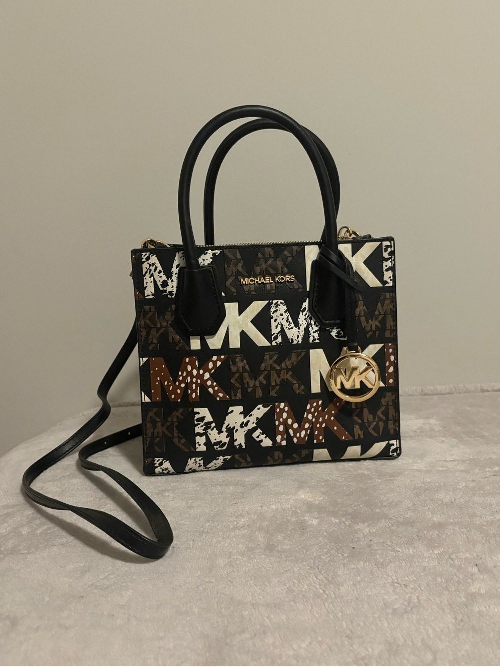 Michael Kors Black & Brown Logo Mini Satchel with Gold MK Charm